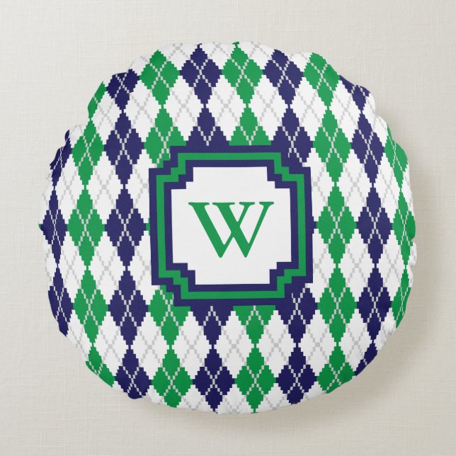 On the Green Argyle Round Pillow (Front)