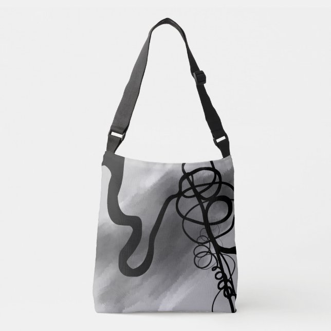 On the Grid: Abstract Gray, Black & White Crossbody Bag (Front)