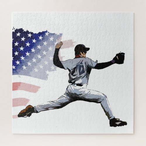 On The Mound _ Baseball Pitcher and USA Flag   Jigsaw Puzzle