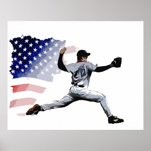 On The Mound _ Baseball Pitcher and USA Flag   Poster