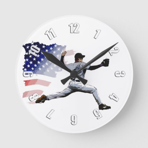 On The Mound _ Baseball Player and US Flag  Round Clock