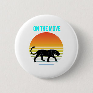 On the Move – Panther Walking Under a Retro Sunset Button