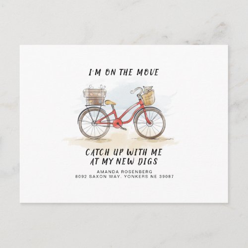 On The Move with Cat Red Bicycle Moving Address Announcement Postcard