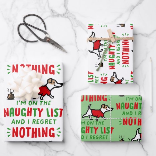 On the Naughty List and I Regret Nothing Funny Dog Wrapping Paper Sheets