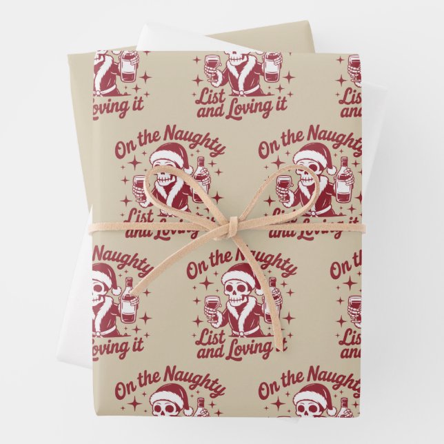 On The Naughty List And Loving It Wine Christmas Wrapping Paper Sheets (In situ)