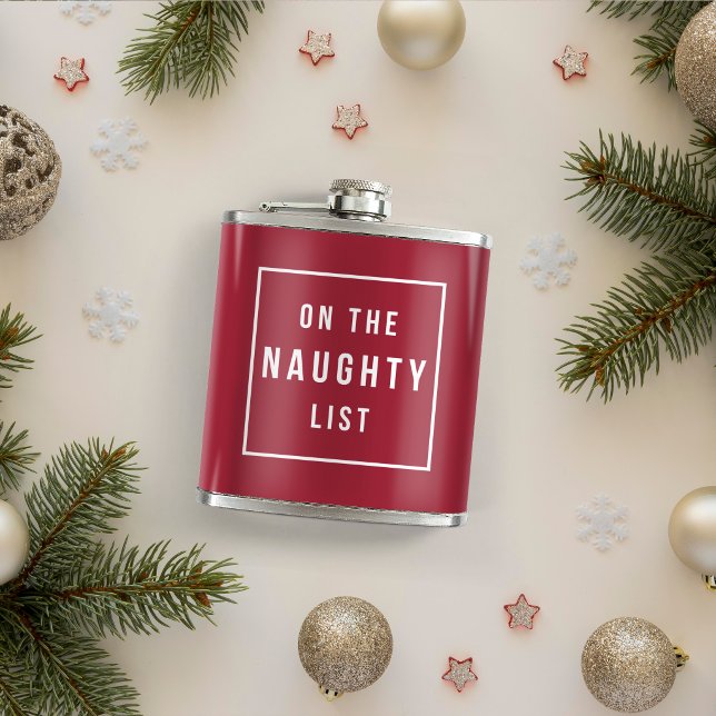 On the Naughty List | Red & White Funny Holiday Hip Flask