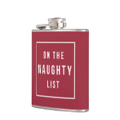 On the Naughty List | Red & White Funny Holiday Hip Flask (Left)