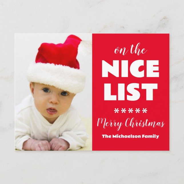 On The Nice List Christmas Photo Holiday Postcard (Front)