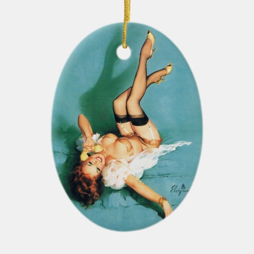On the Phone _ Vintage Pin Up Girl Ceramic Ornament
