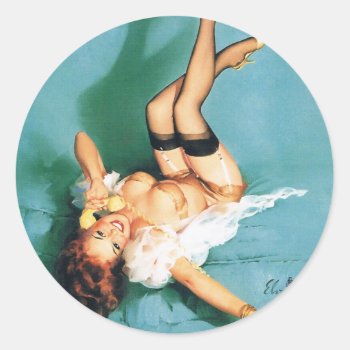 On The Phone - Vintage Pin Up Girl Classic Round Sticker by PinUpGallery at Zazzle