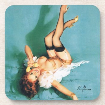 On The Phone - Vintage Pin Up Girl Drink Coaster by PinUpGallery at Zazzle