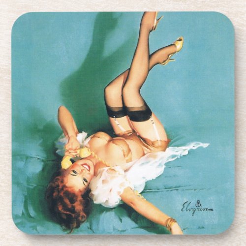 On the Phone _ Vintage Pin Up Girl Drink Coaster