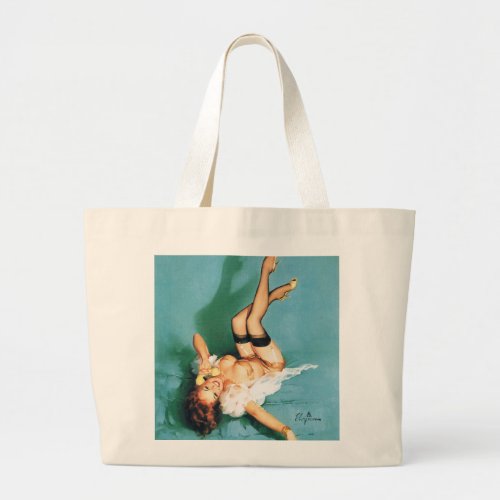 On the Phone _ Vintage Pin Up Girl Large Tote Bag