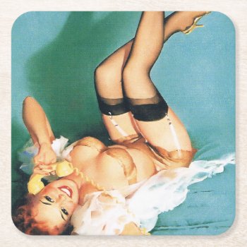 On The Phone - Vintage Pin Up Girl Square Paper Coaster by PinUpGallery at Zazzle