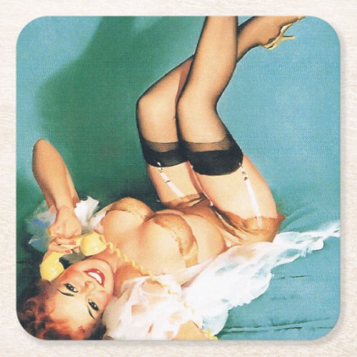 On the Phone _ Vintage Pin Up Girl Square Paper Coaster