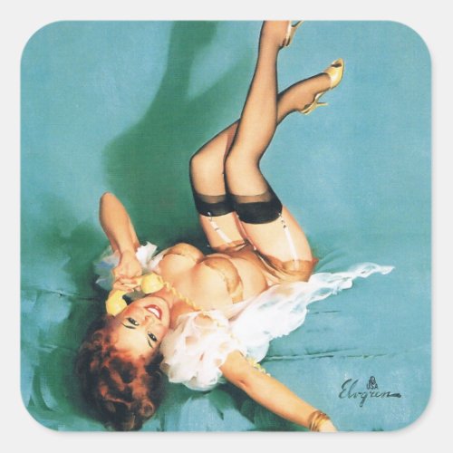 On the Phone _ Vintage Pin Up Girl Square Sticker