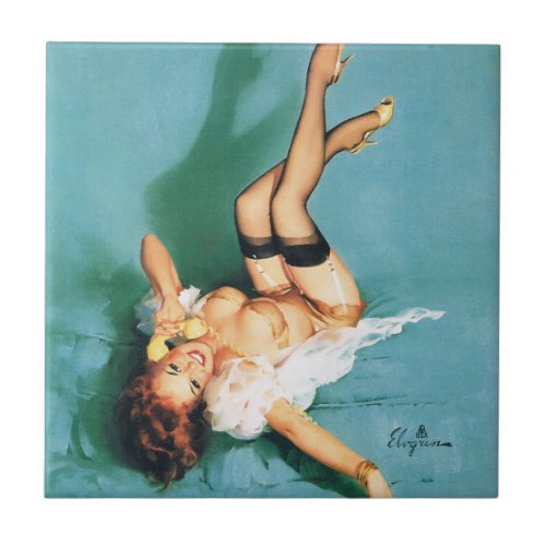 On the Phone _ Vintage Pin Up Girl Tile