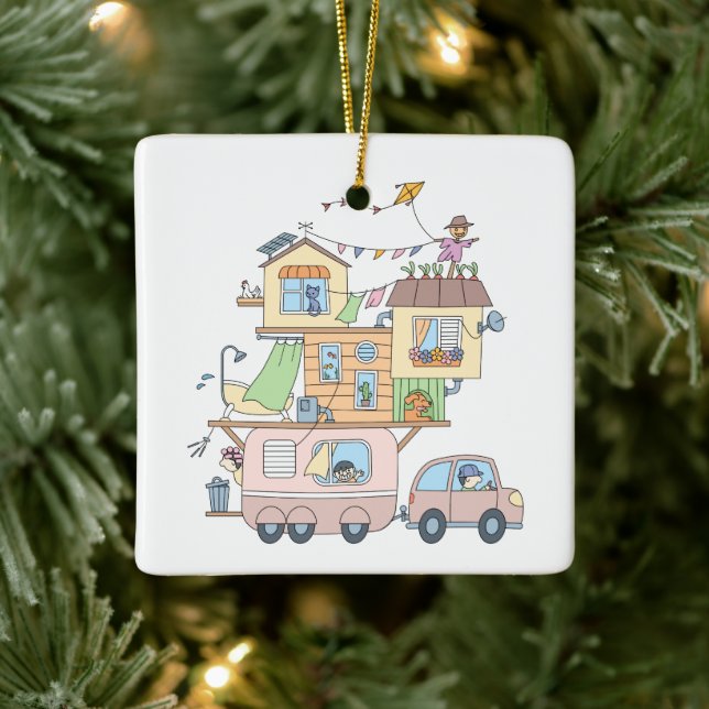 On the Road Family Camping Trailer Ceramic Ornament (Tree)