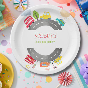 On the road happy vehicles boy birthday paper plates
