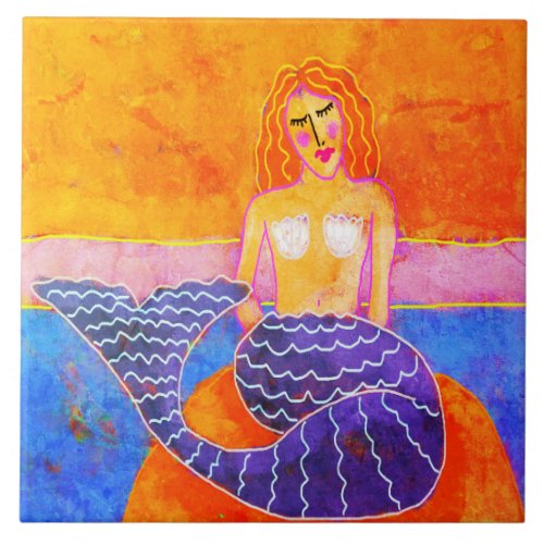 On the Rocks Abstract Mermaid Painting Ceramic Tile