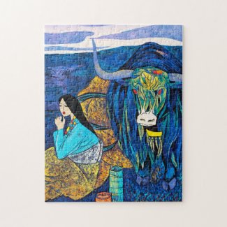 On The Way Hao Ping lady and bull vibrant painting Jigsaw Puzzle