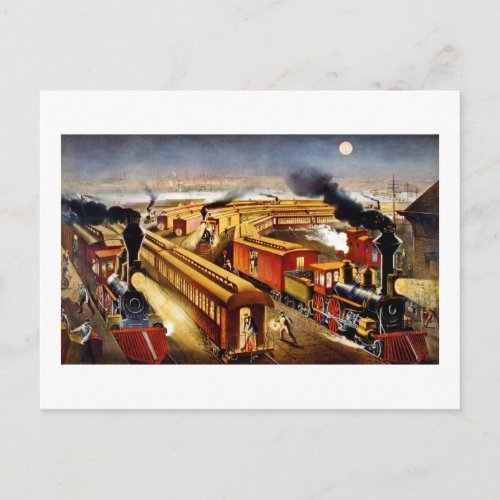 On Time _ Vintage Locomotives at Night Postcard