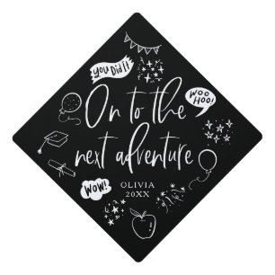 On To The Next Adventure Quirky Icon Black Graduation Cap Topper