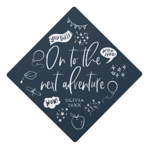 On To The Next Adventure Quirky Icon Navy Blue Graduation Cap Topper