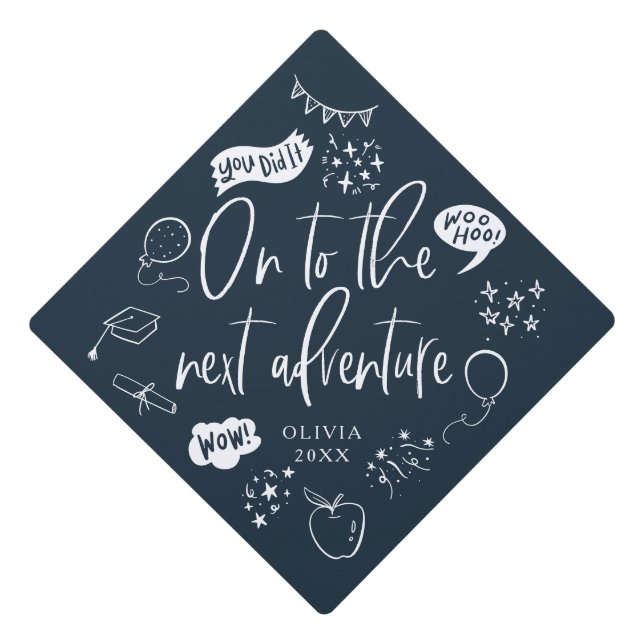 On To The Next Adventure Quirky Icon Navy Blue Graduation Cap Topper (Front)