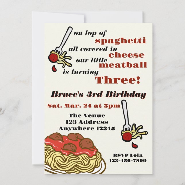 On Top of Spaghetti, Meatball Three, 3rd Birthday Invitation (Front)
