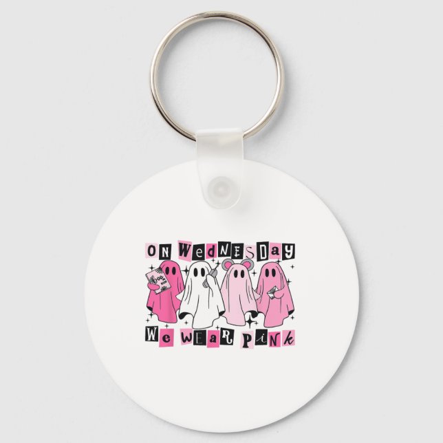 On Wednesday We Wear Cute Pink Ghost Halloween  Keychain (Front)