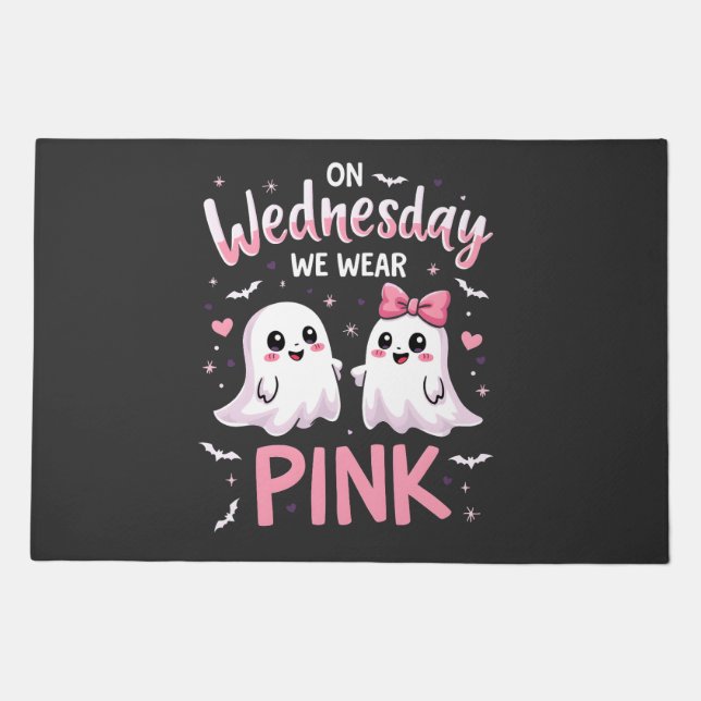 On Wednesday We Wear Pink Spooky Halloween Skull Doormat (Front)