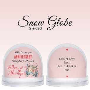 On your anniversary owl lovers names pink red snow globe