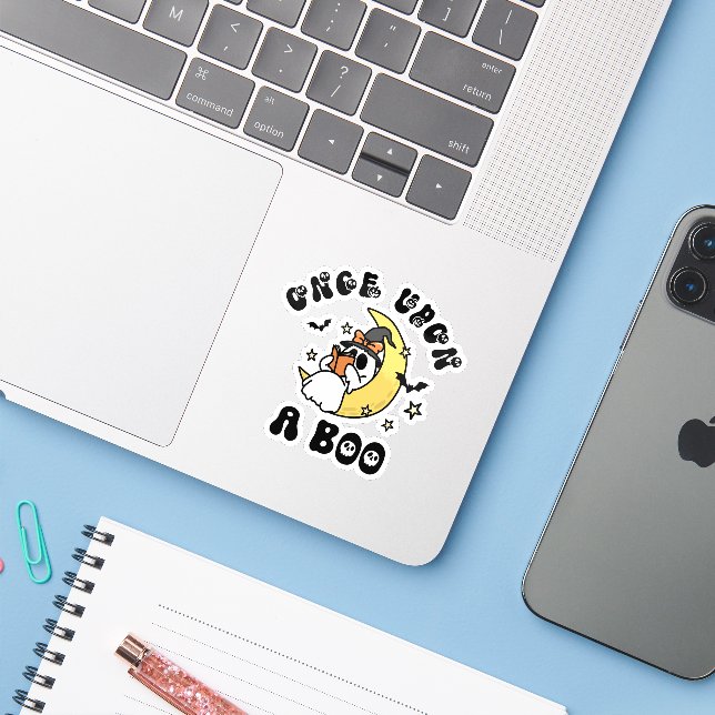 Once Upon a Boo Cute Ghost Reading Halloween Sticker (Laptop w/ iPhone)