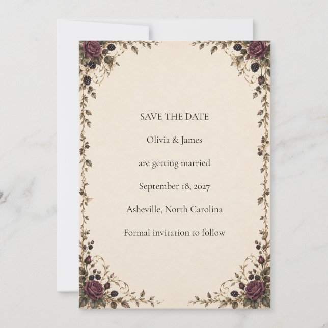 Once Upon a Midnight Plum Rose Wedding Save the Date (Front)