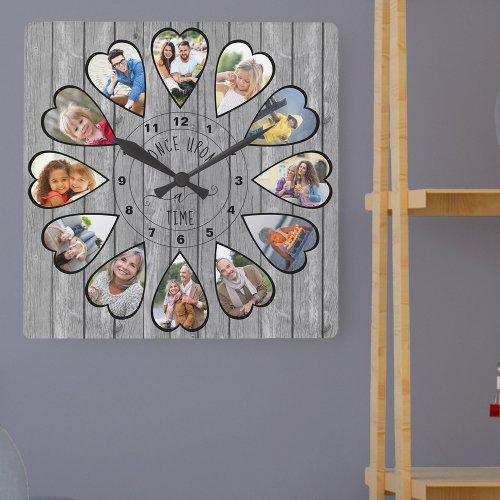 Once Upon a Time 12 Heart Photos Dark Gray Wood Square Wall Clock