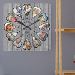 Once Upon a Time 12 Heart Photos Dark Grey Wood Square Wall Clock<br><div class="desc">Create your own multi photo clock to tell your story - the center of the clock face is lettered with "Once upon a time" in handwritten typography. Use the photo template to add 12 of your favorite photos, which will be displayed in heart shaped frames. The design uses portrait vertical...</div>