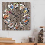 Once Upon a Time 12 Heart Shaped Photo Dark Wood Square Wall Clock<br><div class="desc">Create your own multi photo clock to tell your story - the center of the clock face is lettered with "Once upon a time" in handwritten typography. Use the photo template to add 12 of your favorite photos, which will be displayed in heart shaped frames. The design uses portrait vertical...</div>