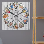 Once Upon a Time 12 Heart Shaped Photo Grey Wood Square Wall Clock<br><div class="desc">Create your own multi photo clock to tell your story - the center of the clock face is lettered with "Once upon a time" in handwritten typography. Use the photo template to add 12 of your favorite photos, which will be displayed in heart shaped frames. The design uses portrait vertical...</div>