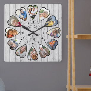 Once Upon a Time 12 Heart Shaped Photo Grey Wood Square Wall Clock