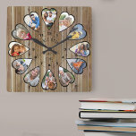 Once Upon a Time 12 Heart Shaped Photo Modern Wood Square Wall Clock<br><div class="desc">Create your own multi photo clock to tell your story - the center of the clock face is lettered with "Once upon a time" in handwritten typography. Use the photo template to add 12 of your favorite photos, which will be displayed in heart shaped frames. The design uses portrait vertical...</div>