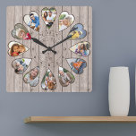 Once Upon a Time 12 Heart Shaped Photos Ash Wood Square Wall Clock<br><div class="desc">Create your own multi photo clock to tell your story - the center of the clock face is lettered with "Once upon a time" in handwritten typography. Use the photo template to add 12 of your favorite photos, which will be displayed in heart shaped frames. The design uses portrait vertical...</div>