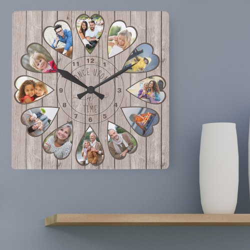 Once Upon a Time 12 Heart Shaped Photos Ash Wood Square Wall Clock