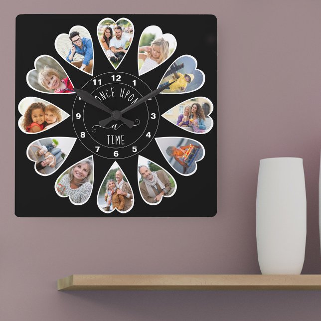 Once Upon a Time 12 Heart Shaped Photos Black Square Wall Clock (Photo clock with 12 heart shaped photos. Unusual design for your home and a thoughtful photo gift.)