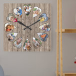 Once Upon a Time 12 Heart Shaped Photos Brown Wood Square Wall Clock<br><div class="desc">Create your own multi photo clock to tell your story - the center of the clock face is lettered with "Once upon a time" in handwritten typography. Use the photo template to add 12 of your favorite photos, which will be displayed in heart shaped frames. The design uses portrait vertical...</div>