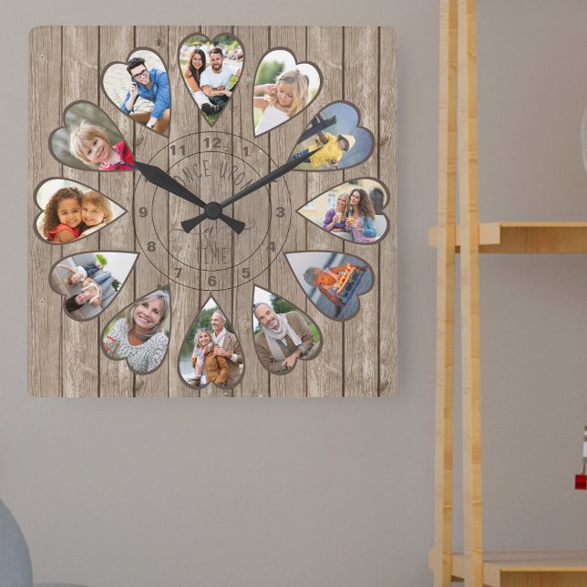 Once Upon a Time 12 Heart Shaped Photos Brown Wood Square Wall Clock (Photo clock with 12 heart shaped photos. Unusual design for your home and a thoughtful photo gift.)