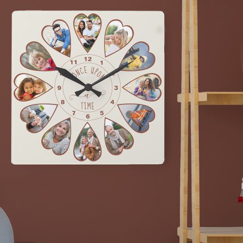 Once Upon a Time 12 Heart Shaped Photos Cream Rust Square Wall Clock