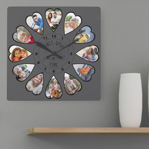 Once Upon a Time 12 Heart Shaped Photos Dark Gray Square Wall Clock