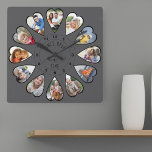 Once Upon a Time 12 Heart Shaped Photos Dark Grey Square Wall Clock<br><div class="desc">Create your own multi photo clock to tell your story - the center of the clock face is lettered with "Once upon a time" in handwritten typography. Use the photo template to add 12 of your favorite photos, which will be displayed in heart shaped frames. The design uses portrait vertical...</div>