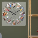 Once Upon a Time 12 Heart Shaped Photos Green Square Wall Clock<br><div class="desc">Create your own multi photo clock to tell your story - the center of the clock face is lettered with "Once upon a time" in handwritten typography. Use the photo template to add 12 of your favorite photos, which will be displayed in heart shaped frames. The design uses portrait vertical...</div>